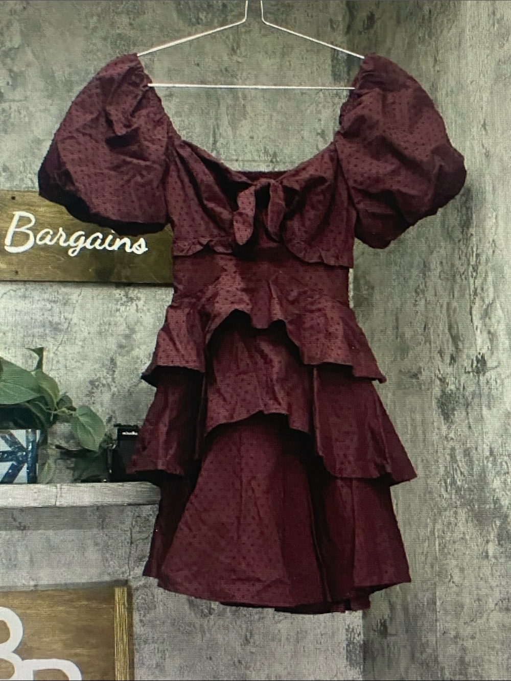 Crystal Doll Wine Burgundy Puff-Sleeve Tiered Mini Dress